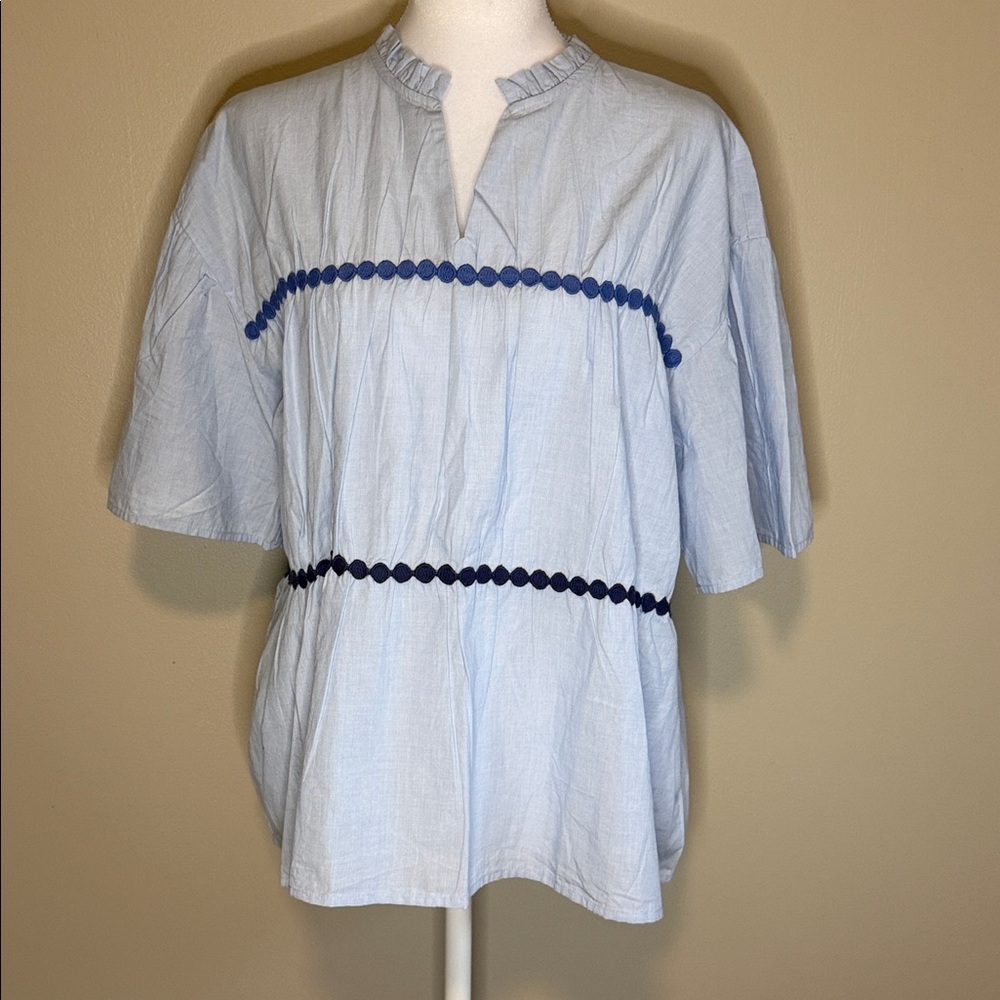 Simply Southern Small Light Blue Peasant Babydoll Blouse with Navy Accents